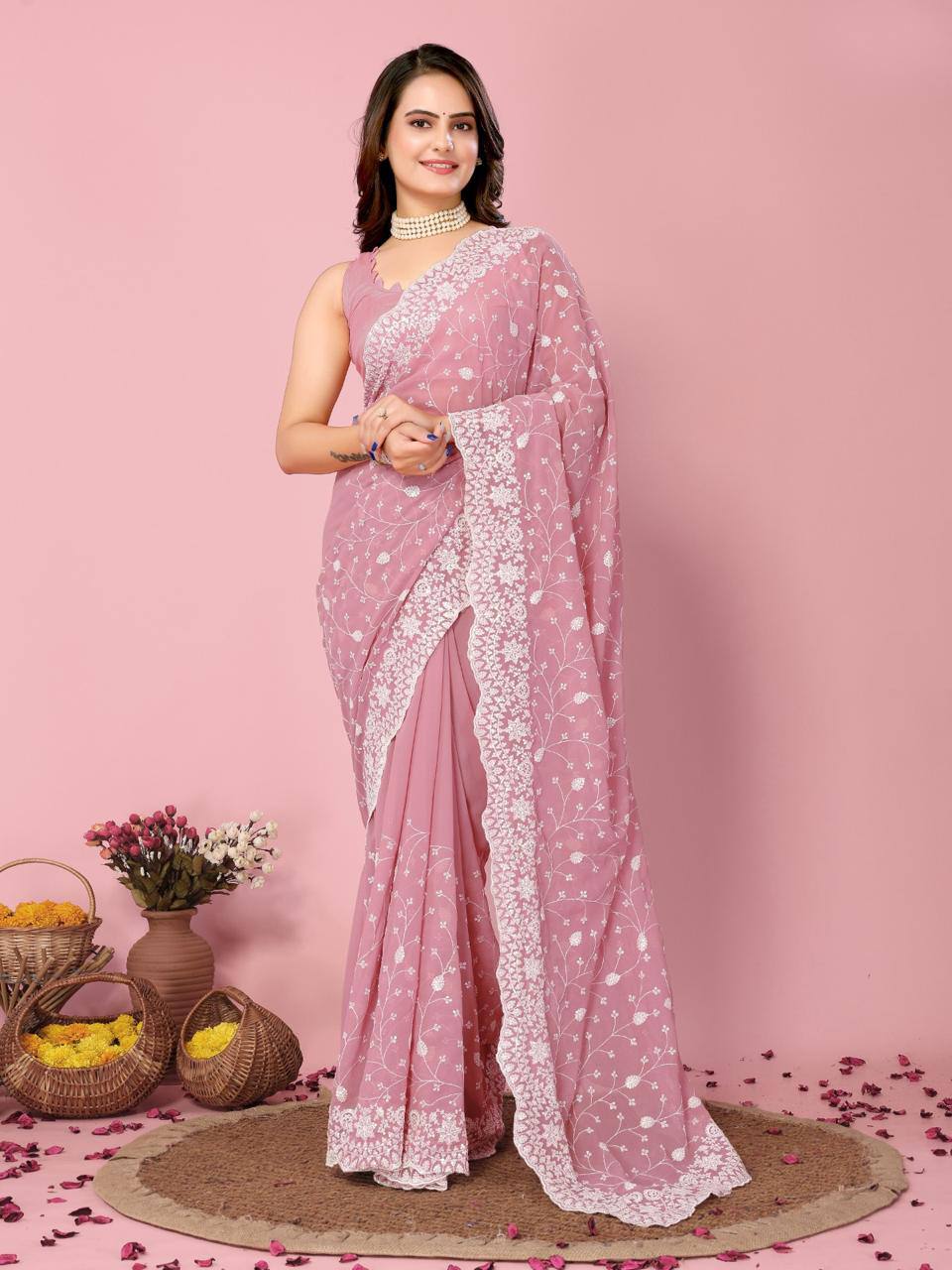 Enthralling Rainbow Sequin Pink Saree With Blouse Piece Colorful Saree