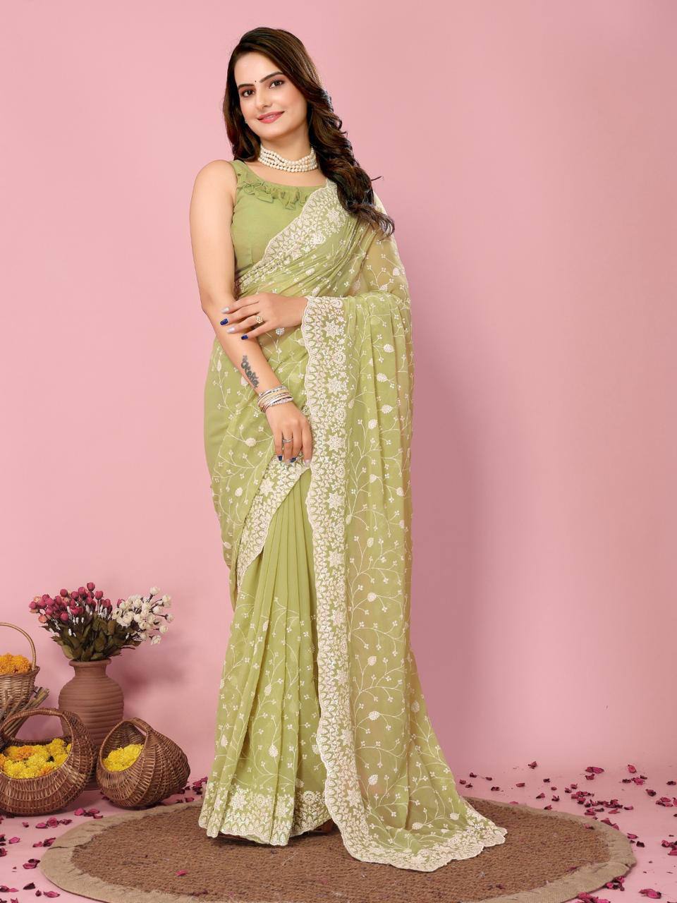 Enthralling Rainbow Sequin Pista Green Saree With Blouse Piece Colorful Saree