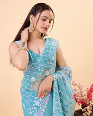 Enthralling Soft Net Blue Saree with Embroidery & Sequenced Work Colorful Saree