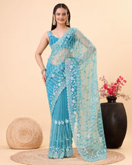 Enthralling Soft Net Blue Saree with Embroidery & Sequenced Work Colorful Saree