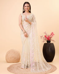 Enthralling Soft Net Cream Saree with Embroidery & Sequenced Work Colorful Saree