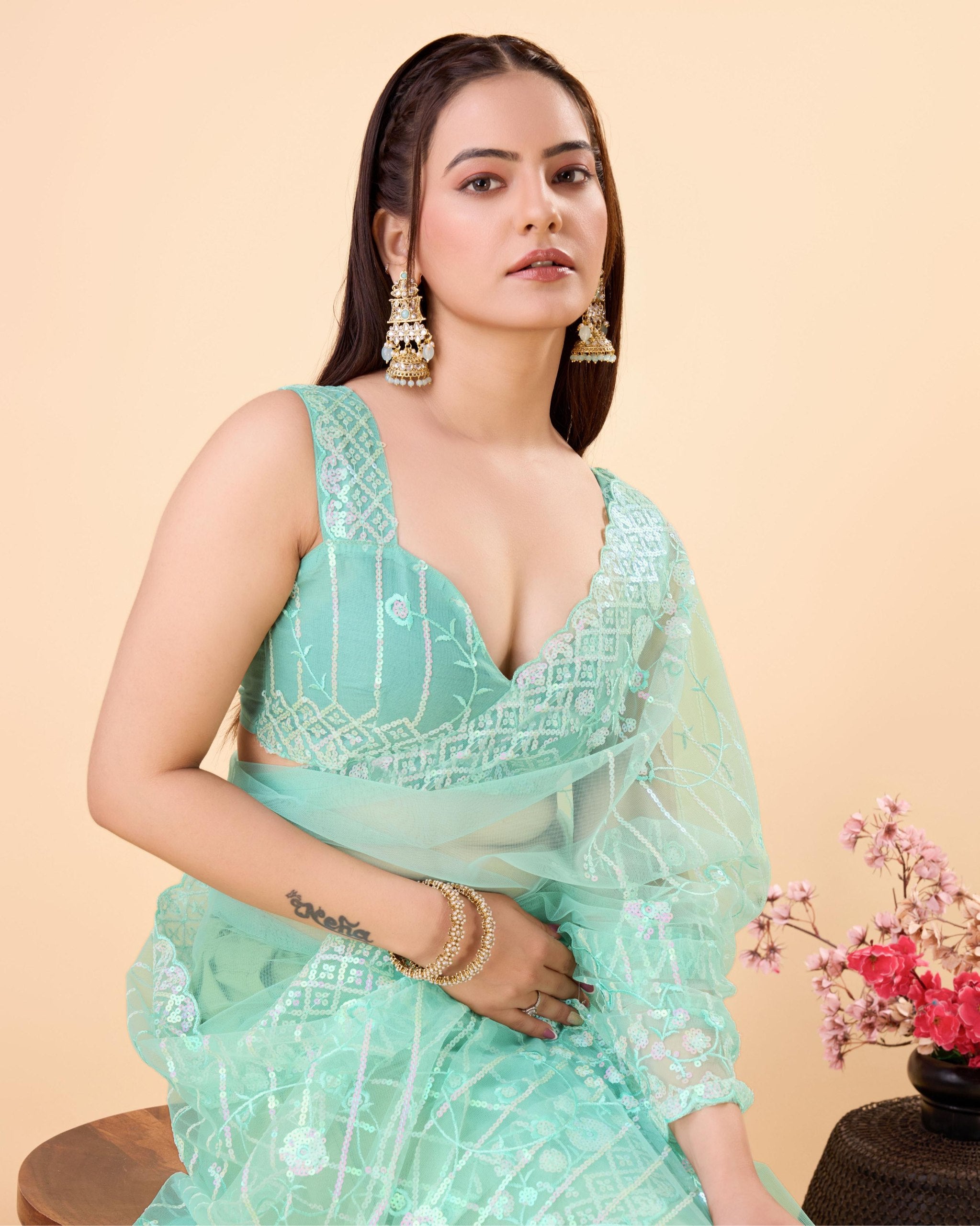 Enthralling Soft Net Mint Green Saree with Embroidery & Sequenced Work Colorful Saree