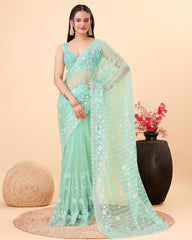 Enthralling Soft Net Mint Green Saree with Embroidery & Sequenced Work Colorful Saree