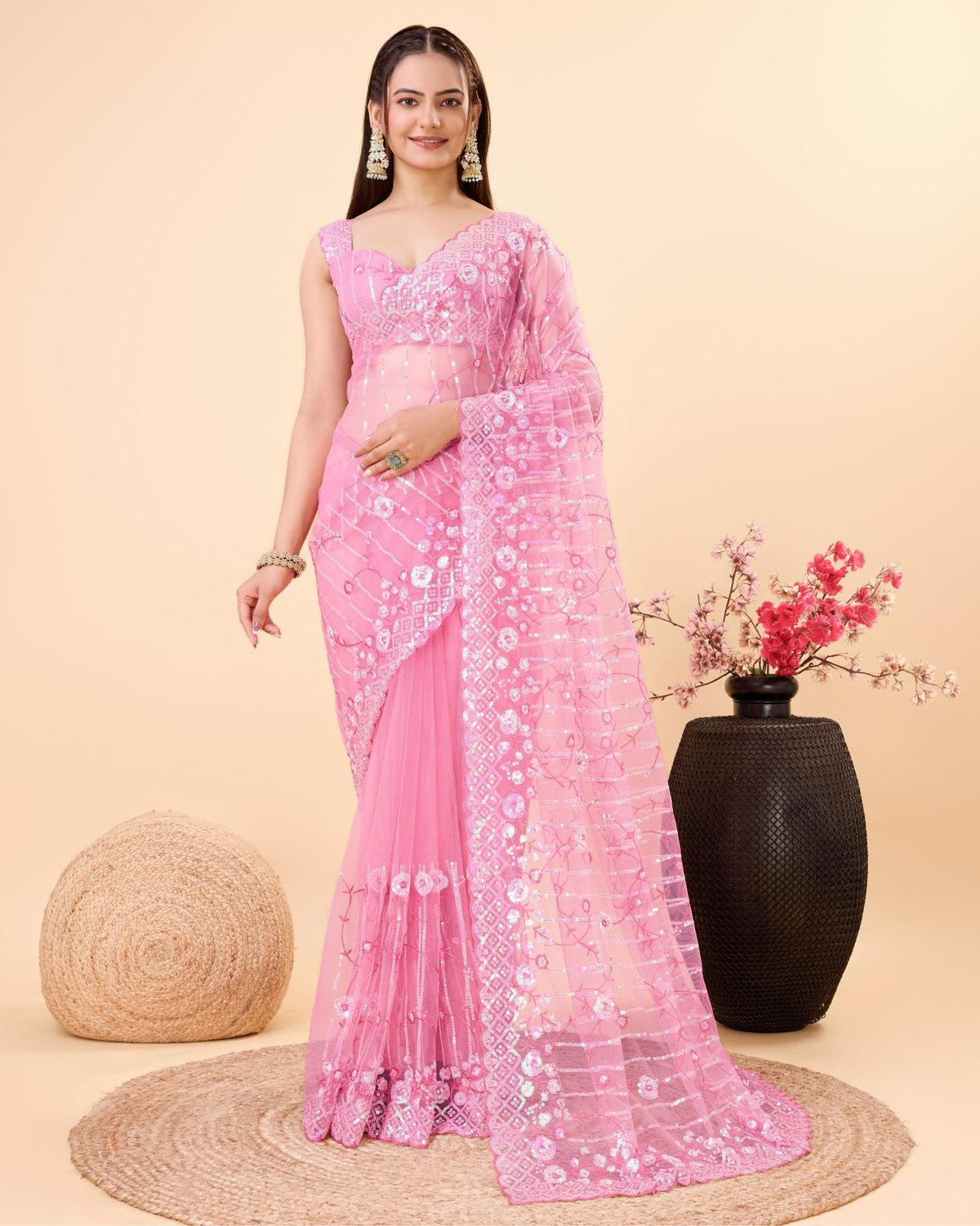 Enthralling Soft Net Pink Saree with Embroidery & Sequenced Work Colorful Saree