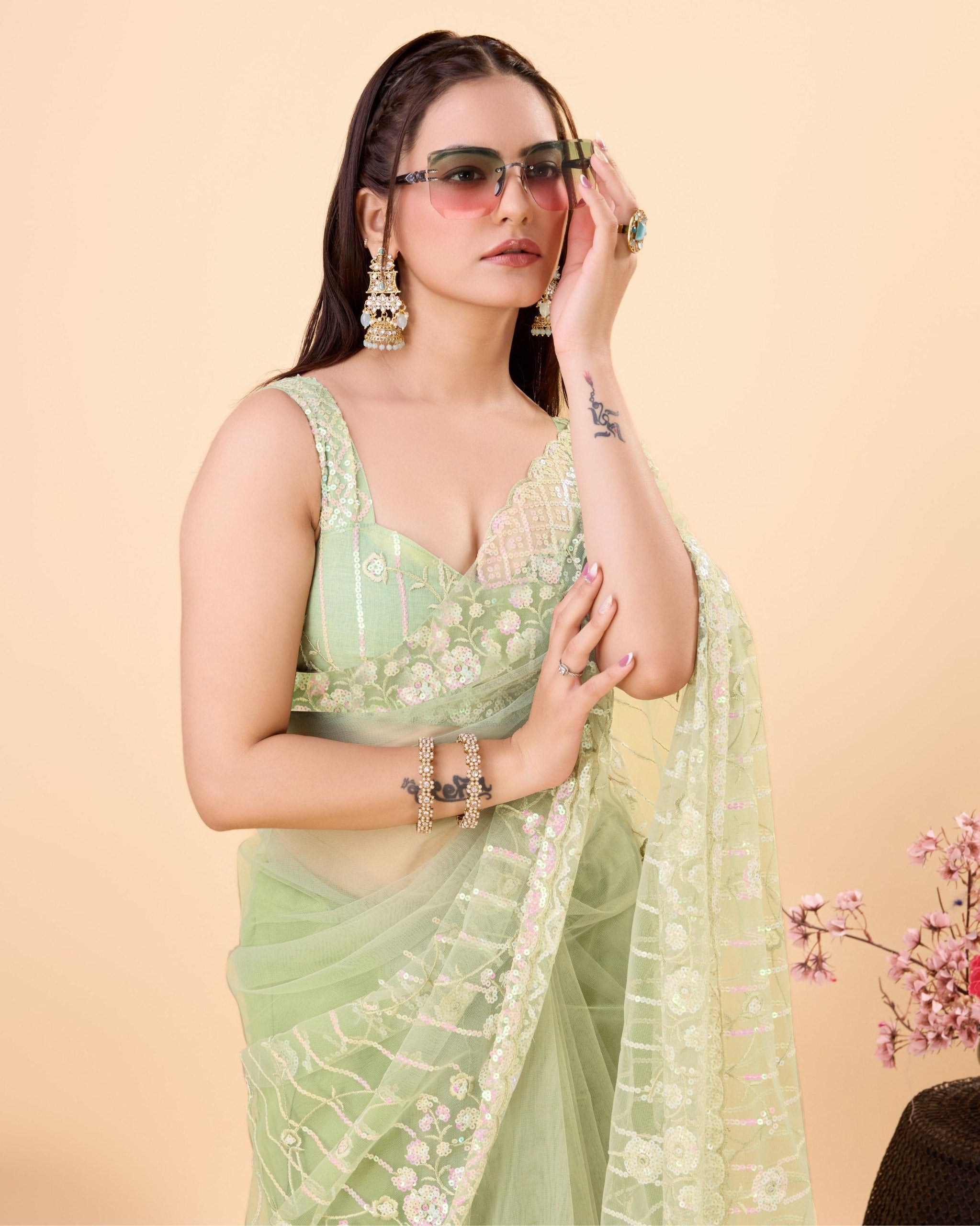 Enthralling Soft Net Pista Green Saree with Embroidery & Sequenced Work Colorful Saree