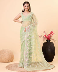 Enthralling Soft Net Pista Green Saree with Embroidery & Sequenced Work Colorful Saree