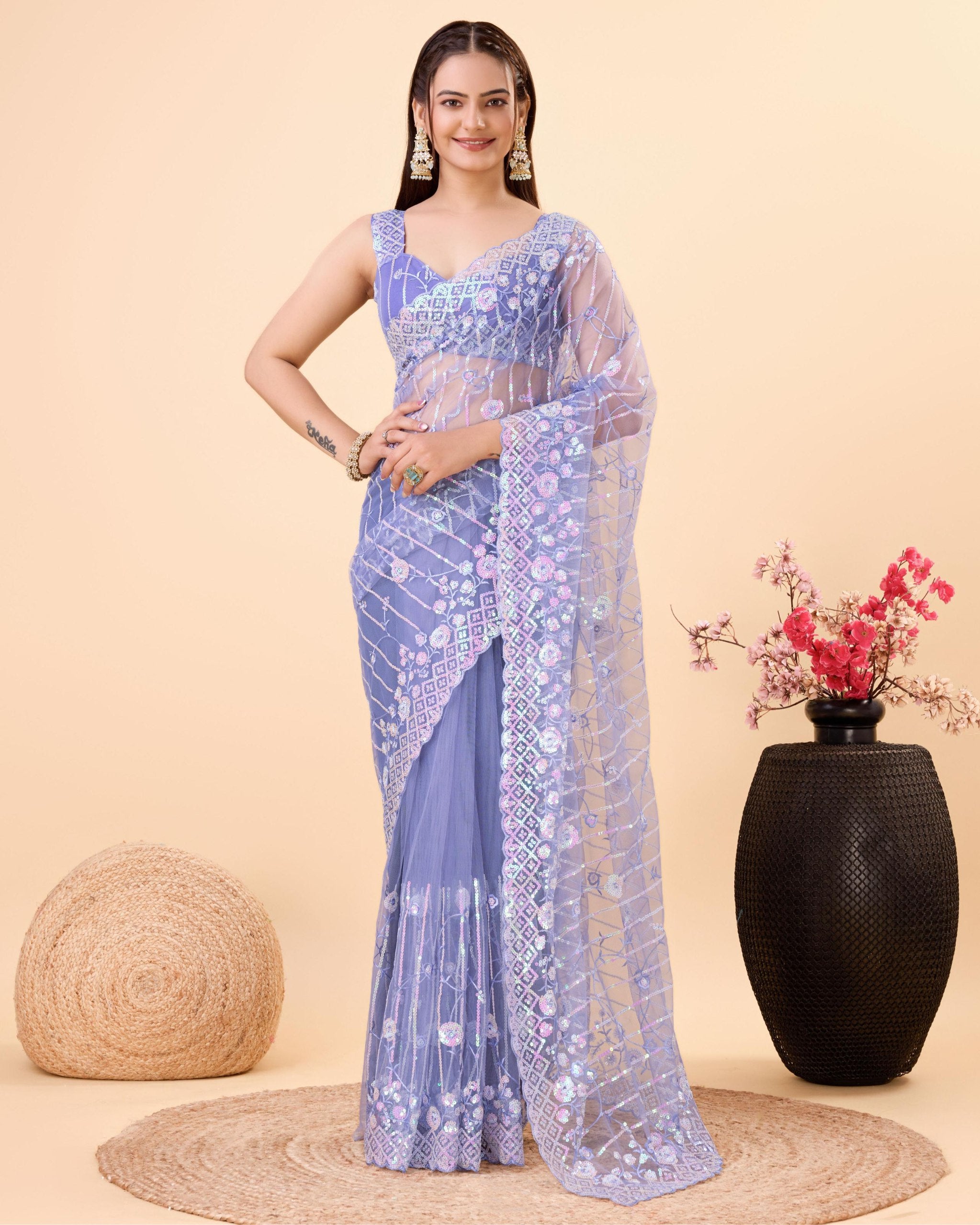 Enthralling Soft Net Purple Saree with Embroidery & Sequenced Work Colorful Saree