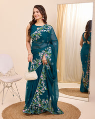 Enthralling Taby Silk Wedding Teal Blue Saree with Zari & Piping Border Colorful Saree