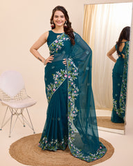 Enthralling Taby Silk Wedding Teal Blue Saree with Zari & Piping Border Colorful Saree