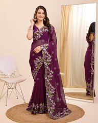 Enthralling Taby Silk Wedding Wine Saree with Zari & Piping Border Colorful Saree