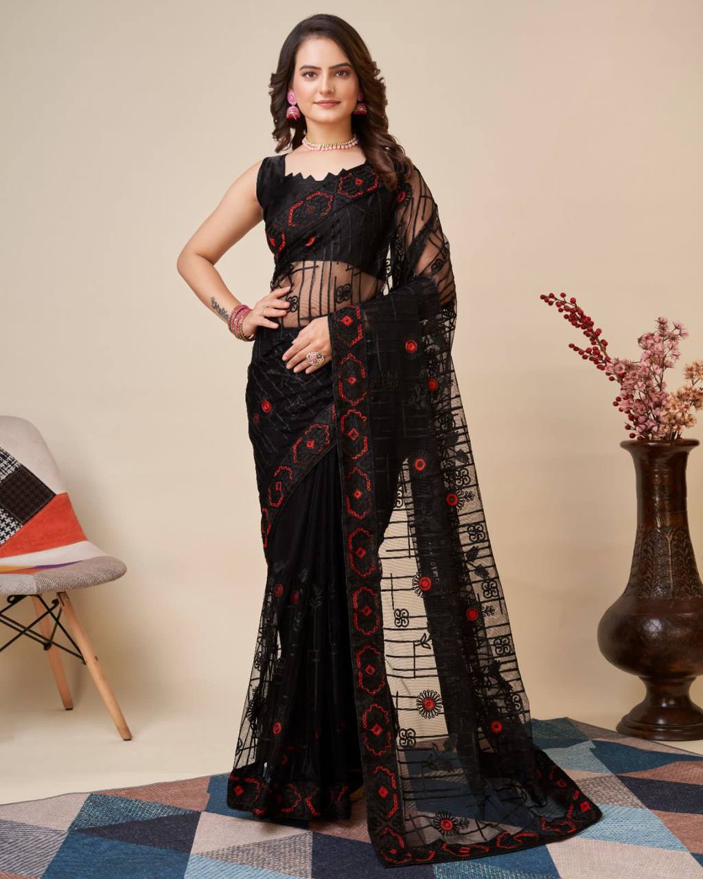 Exquisite Chikankari Black  Saree - Soft Net with Mono Banglory Blouse Colorful Saree