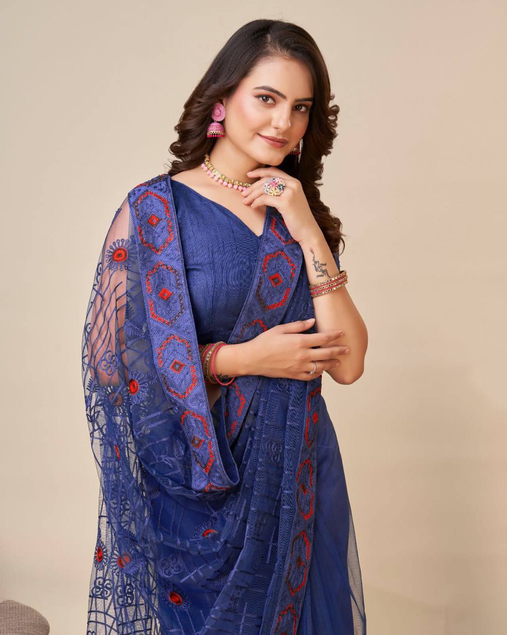 Exquisite Chikankari Blue Saree - Soft Net with Mono Banglory Blouse Colorful Saree