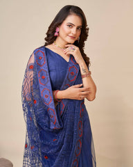 Exquisite Chikankari Blue Saree - Soft Net with Mono Banglory Blouse Colorful Saree