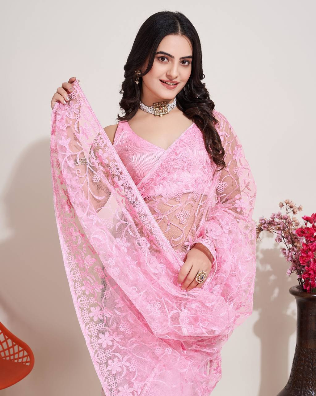 Exquisite Chikankari Embroidered Soft Net Baby Pink Saree with Mono Banglory Blouse Colorful Saree