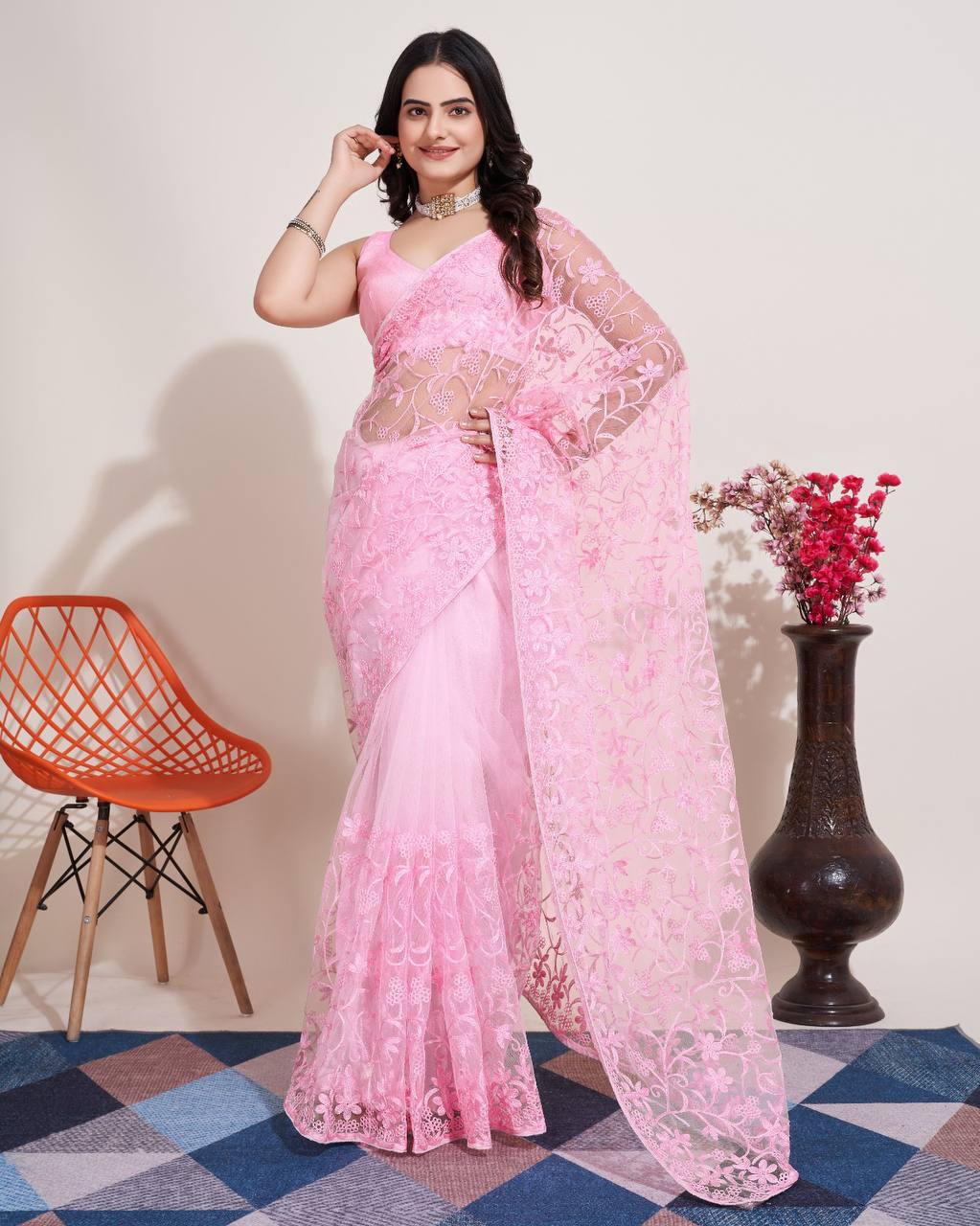 Exquisite Chikankari Embroidered Soft Net Baby Pink Saree with Mono Banglory Blouse Colorful Saree