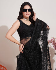 Exquisite Chikankari Embroidered Soft Net Black Saree with Mono Banglory Blouse Colorful Saree