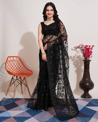 Exquisite Chikankari Embroidered Soft Net Black Saree with Mono Banglory Blouse Colorful Saree