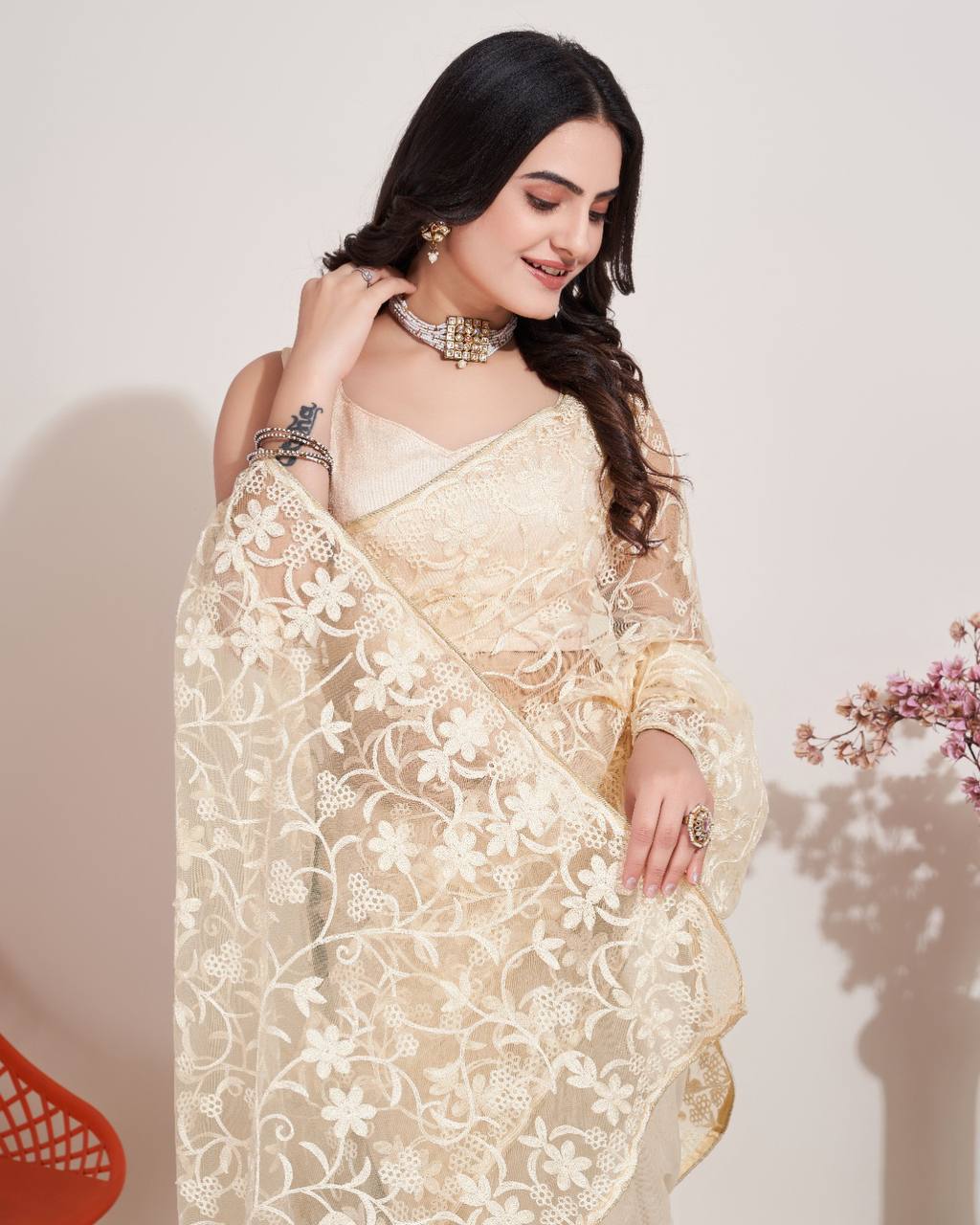 Exquisite Chikankari Embroidered Soft Net Cream Saree with Mono Banglory Blouse Colorful Saree