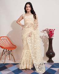 Exquisite Chikankari Embroidered Soft Net Cream Saree with Mono Banglory Blouse Colorful Saree