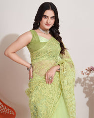 Exquisite Chikankari Embroidered Soft Net Green Saree with Mono Banglory Blouse Colorful Saree