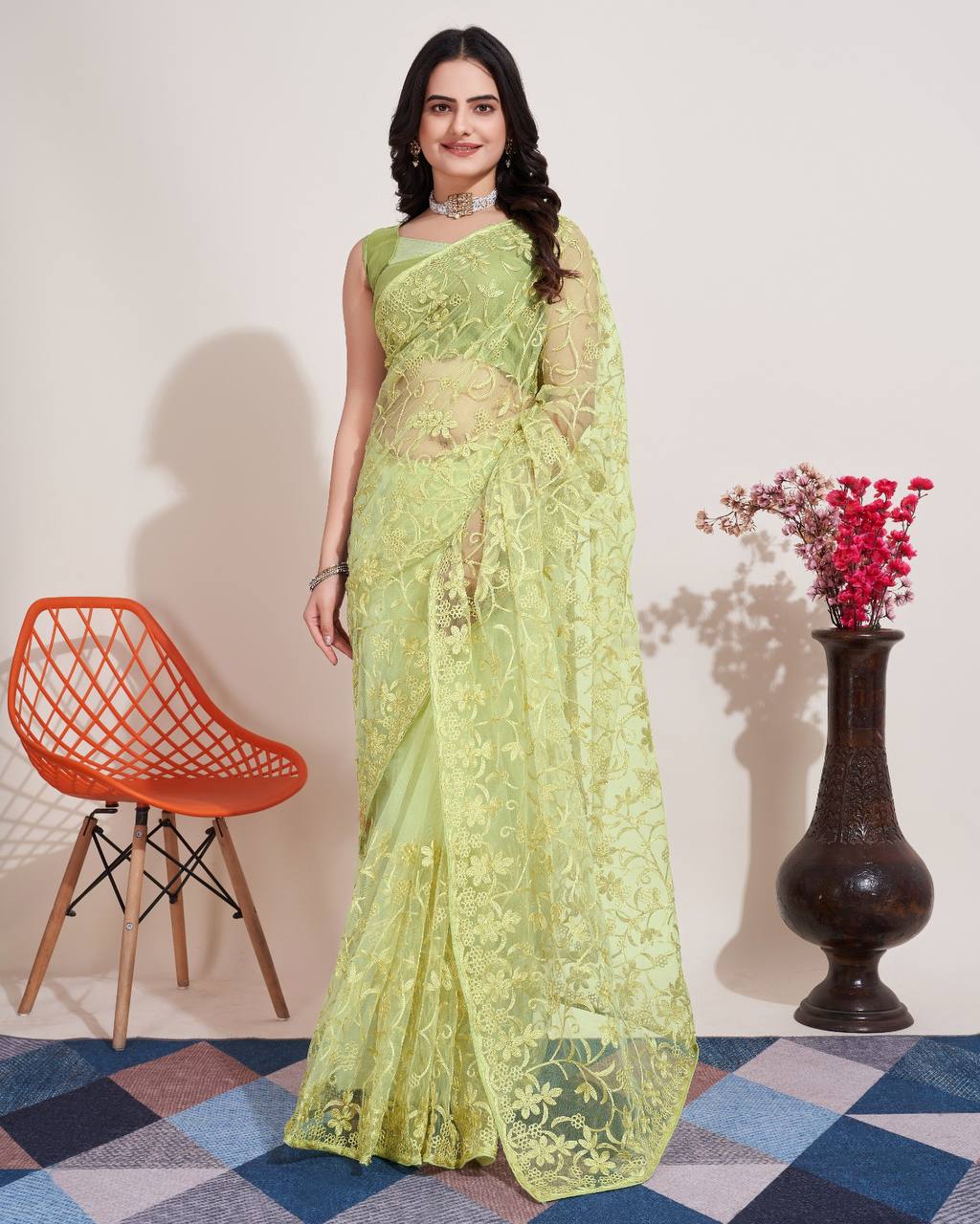 Exquisite Chikankari Embroidered Soft Net Green Saree with Mono Banglory Blouse Colorful Saree