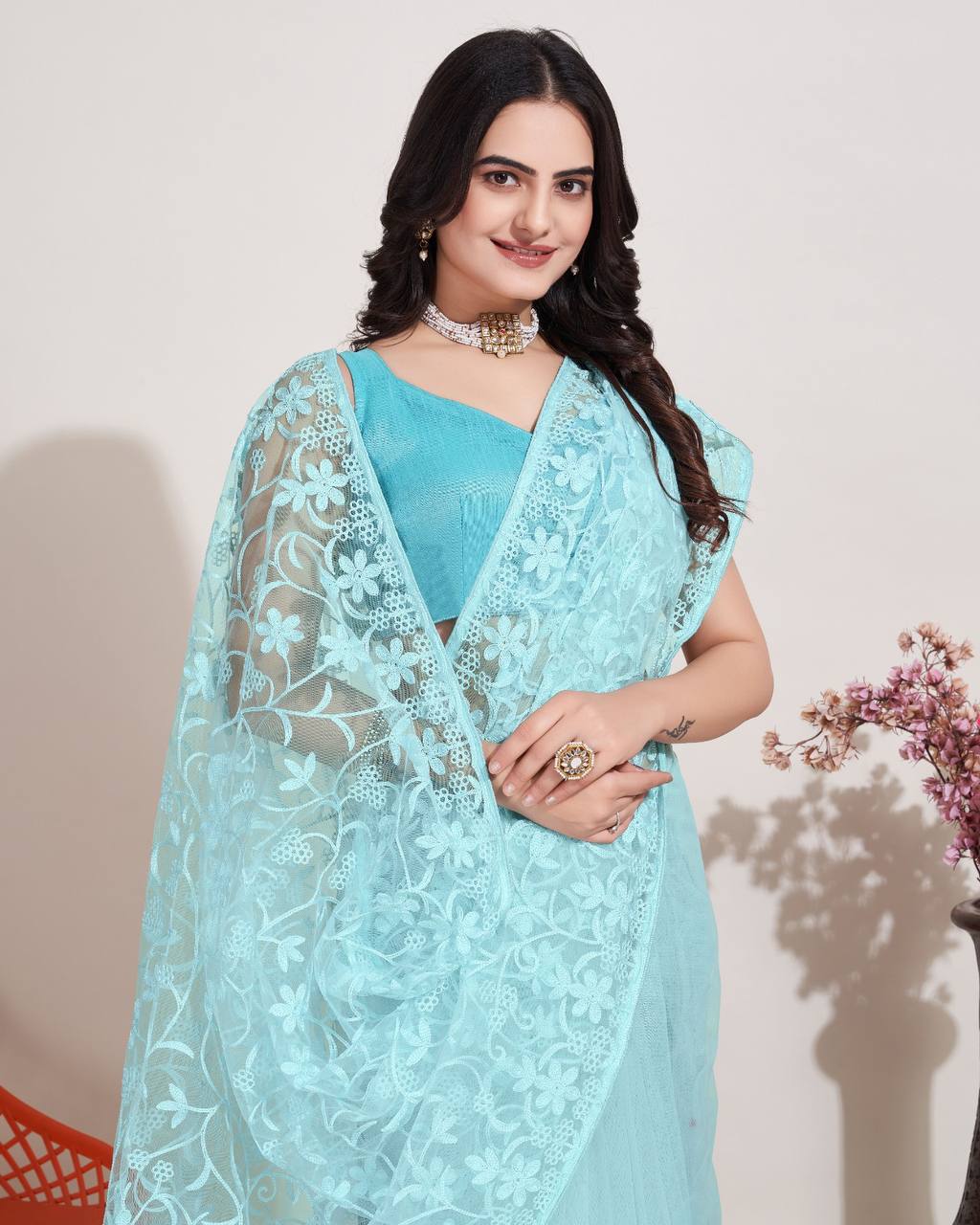 Exquisite Chikankari Embroidered Soft Net Sky Blue Saree with Mono Banglory Blouse Colorful Saree