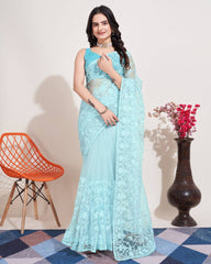 Exquisite Chikankari Embroidered Soft Net Sky Blue Saree with Mono Banglory Blouse Colorful Saree