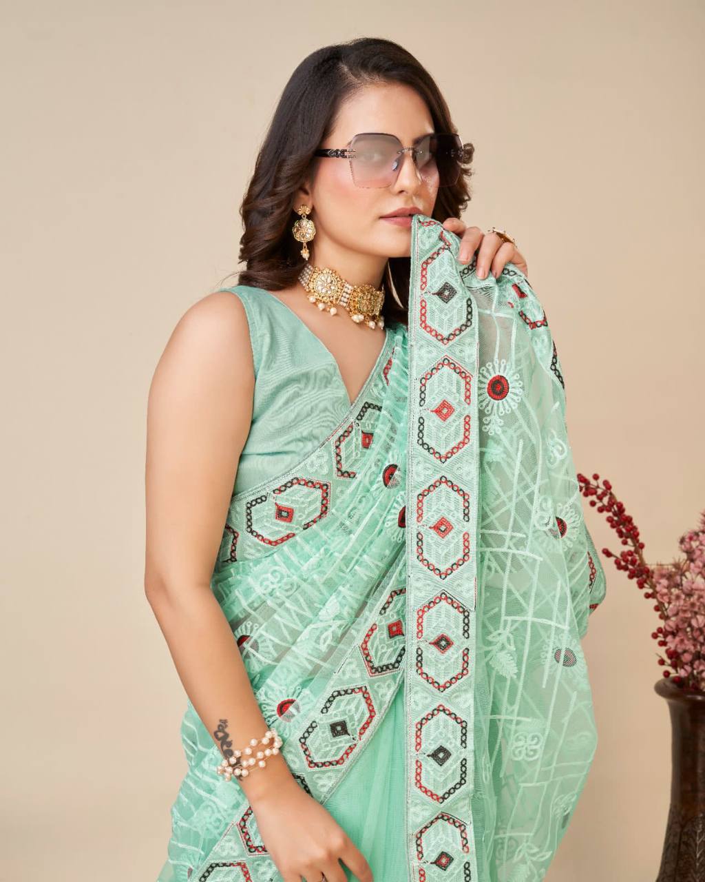 Exquisite Chikankari Firoji Color Saree - Soft Net with Mono Banglory Blouse Colorful Saree