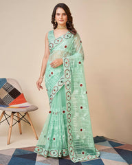 Exquisite Chikankari Firoji Color Saree - Soft Net with Mono Banglory Blouse Colorful Saree