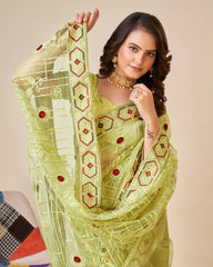 Exquisite Chikankari Green Saree - Soft Net with Mono Banglory Blouse Colorful Saree