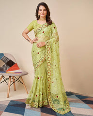 Exquisite Chikankari Green Saree - Soft Net with Mono Banglory Blouse Colorful Saree