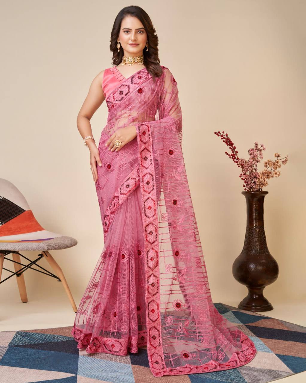 Exquisite Chikankari Pink Saree - Soft Net with Mono Banglory Blouse Colorful Saree