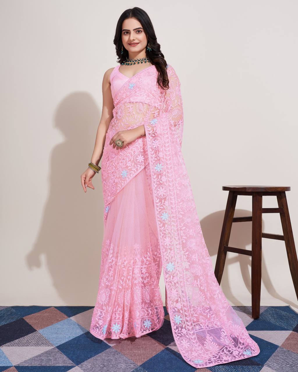 Exquisite Chikankari Soft Net Baby Pink Saree with Mono Banglory Blouse Piece Colorful Saree