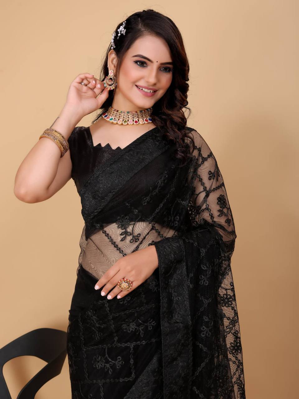 Exquisite Chikankari Soft Net Black Saree with Mono Banglory Blouse Piece Colorful Saree