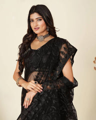 Exquisite Chikankari Soft Net Black Saree with Mono Banglory Blouse Colorful Saree