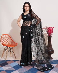 Exquisite Chikankari Soft Net Black Saree with Mono Banglory Blouse Piece Colorful Saree