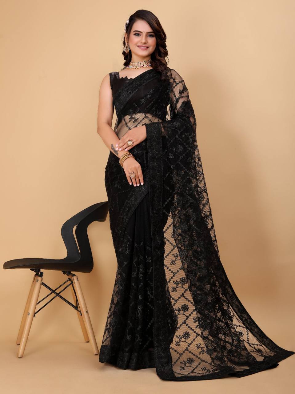 Exquisite Chikankari Soft Net Black Saree with Mono Banglory Blouse Piece Colorful Saree