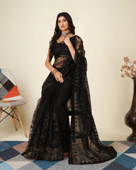 Exquisite Chikankari Soft Net Black Saree with Mono Banglory Blouse Colorful Saree