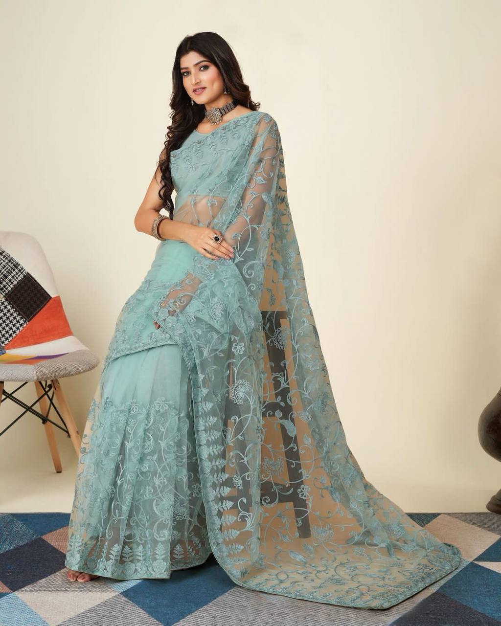 Exquisite Chikankari Soft Net Blue Saree with Mono Banglory Blouse Colorful Saree