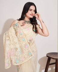 Exquisite Chikankari Soft Net Cream Saree with Mono Banglory Blouse Piece Colorful Saree