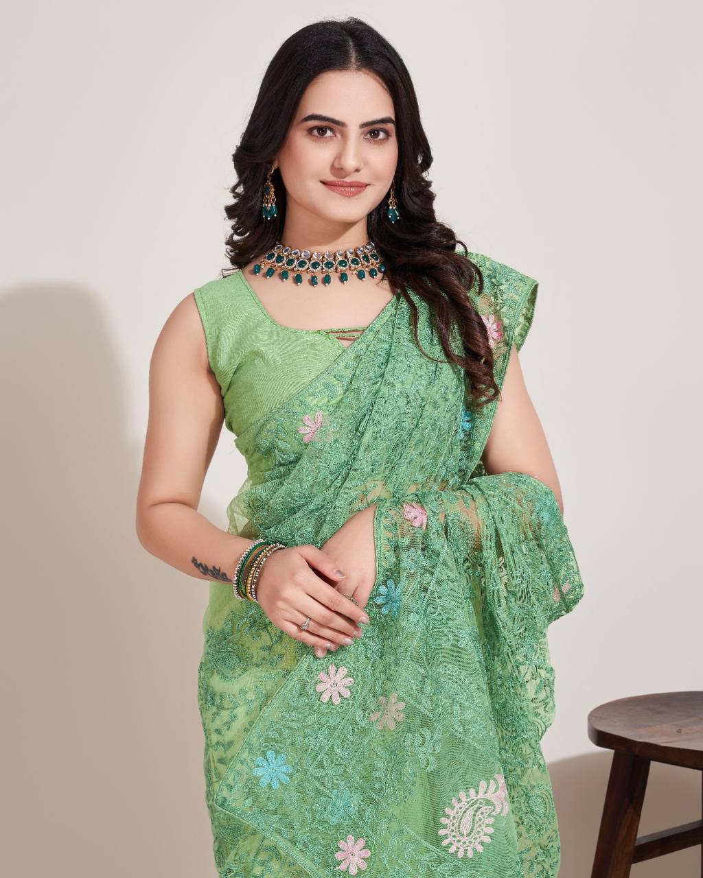 Exquisite Chikankari Soft Net Light Green Saree with Mono Banglory Blouse Piece Colorful Saree