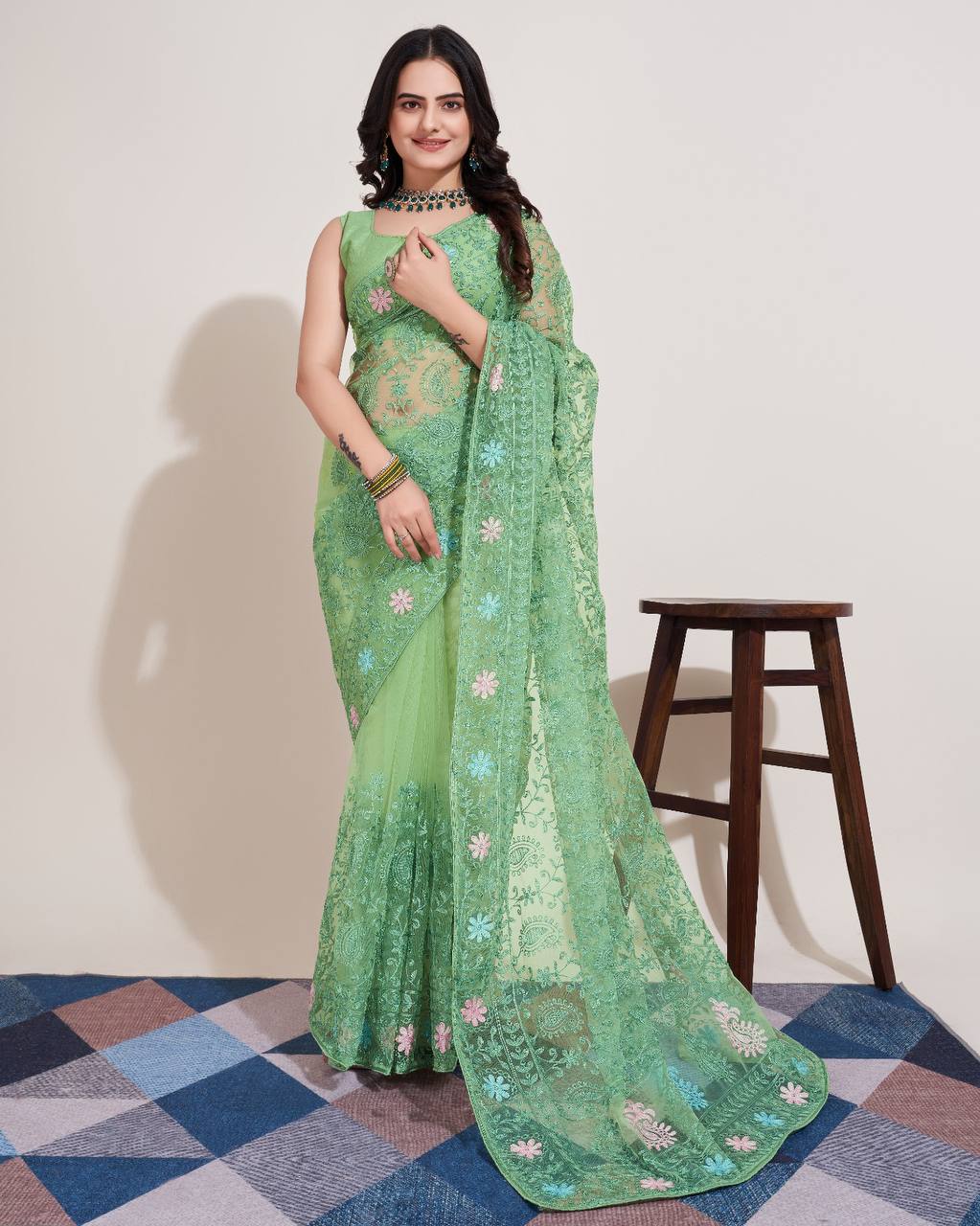 Exquisite Chikankari Soft Net Light Green Saree with Mono Banglory Blouse Piece Colorful Saree