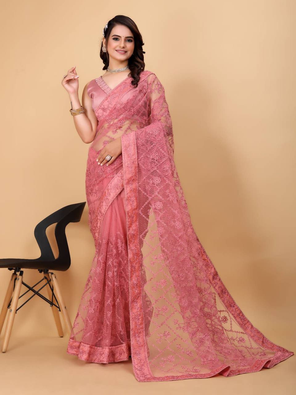 Exquisite Chikankari Soft Net Pink Saree with Mono Banglory Blouse Piece Colorful Saree