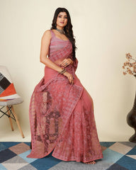 Exquisite Chikankari Soft Net Pink Saree with Mono Banglory Blouse Colorful Saree