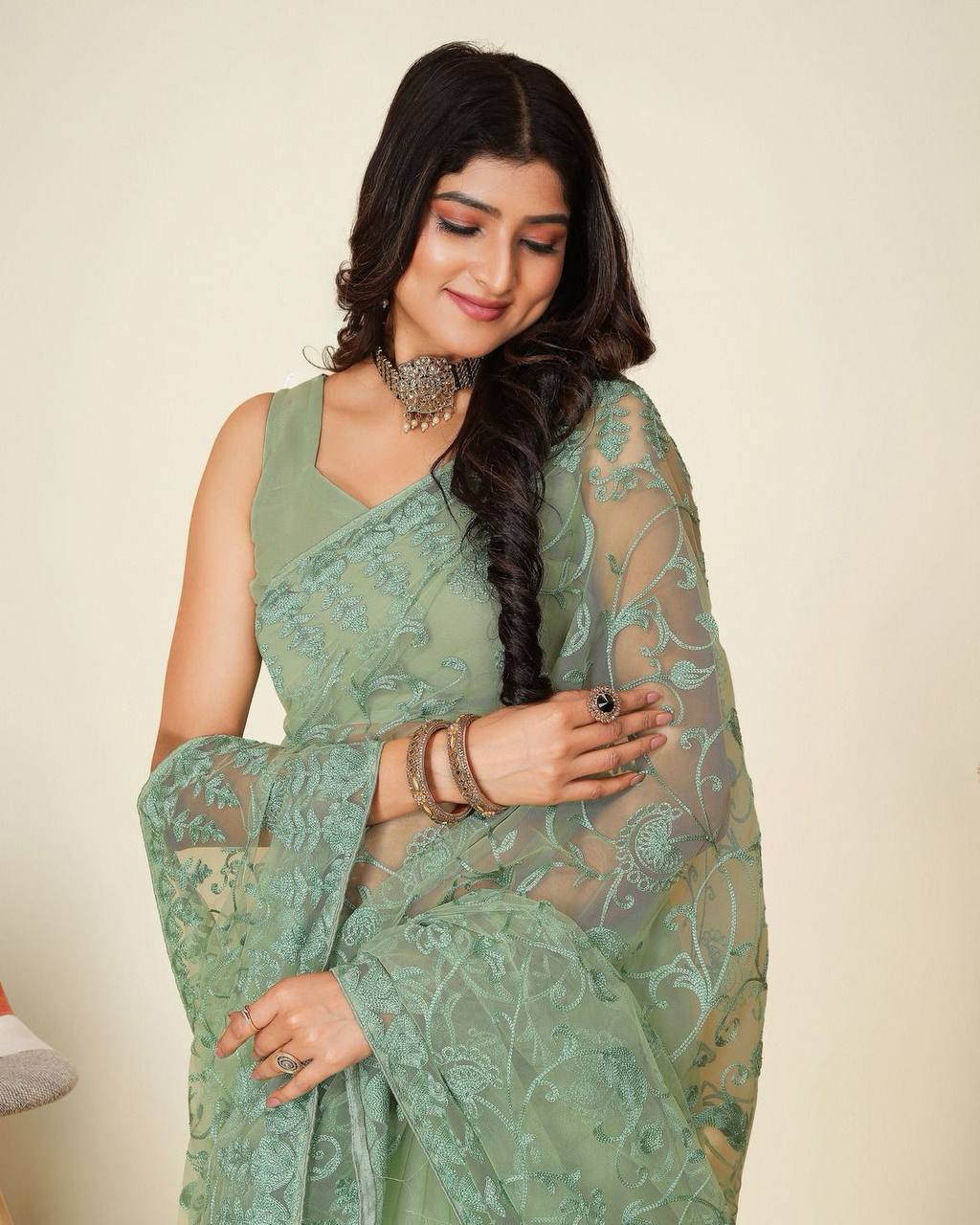 Exquisite Chikankari Soft Net Pista Green Saree with Mono Banglory Blouse Colorful Saree