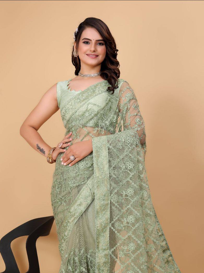 Exquisite Chikankari Soft Net Pista Green Saree with Mono Banglory Blouse Piece Colorful Saree