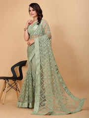 Exquisite Chikankari Soft Net Pista Green Saree with Mono Banglory Blouse Piece Colorful Saree