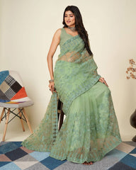 Exquisite Chikankari Soft Net Pista Green Saree with Mono Banglory Blouse Colorful Saree