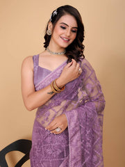 Exquisite Chikankari Soft Net Purple Saree with Mono Banglory Blouse Piece Colorful Saree