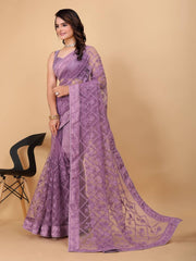 Exquisite Chikankari Soft Net Purple Saree with Mono Banglory Blouse Piece Colorful Saree